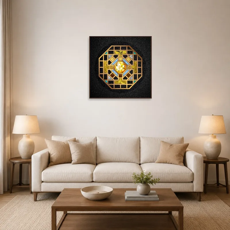Geometric Jewel-Themed Mandala Art displayed above a modern sofa in a living room setting.