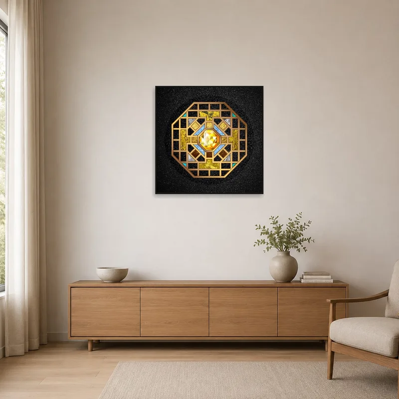 Geometric Jewel-Themed Mandala Art adding color to a minimalist space with white walls and simple furniture.