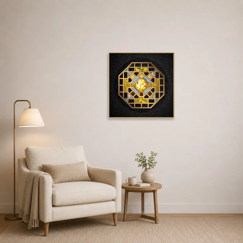 Geometric Jewel-Themed Mandala Art bringing vibrancy to a cozy reading corner with a comfortable chair.