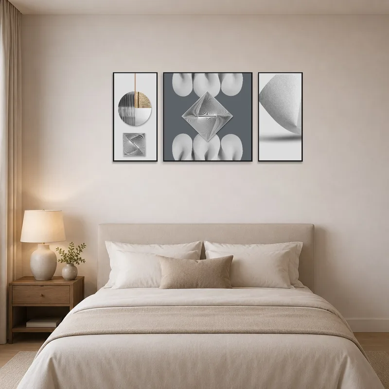 Bedroom showcasing a soothing abstract geometric monochrome art set.
