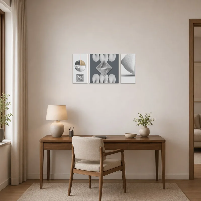 Home office with abstract geometric monochrome art set on a sophisticated wall.