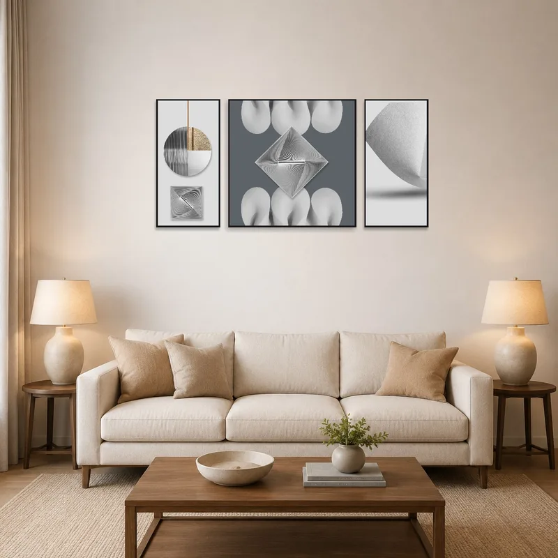 Abstract geometric monochrome art set on a living room wall with cozy seating.