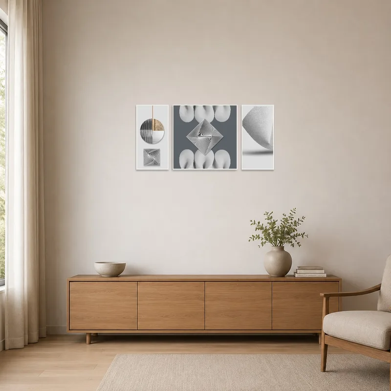 Minimalist room featuring geometric monochrome art set on a sleek, neutral wall.