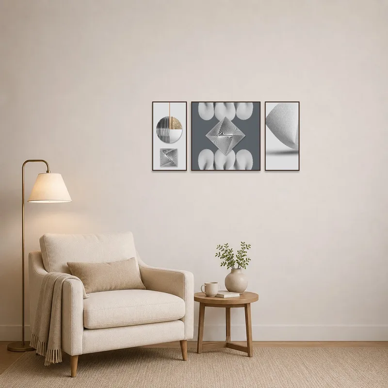 Reading corner enhanced by a geometric monochrome art set on a subtle wall.