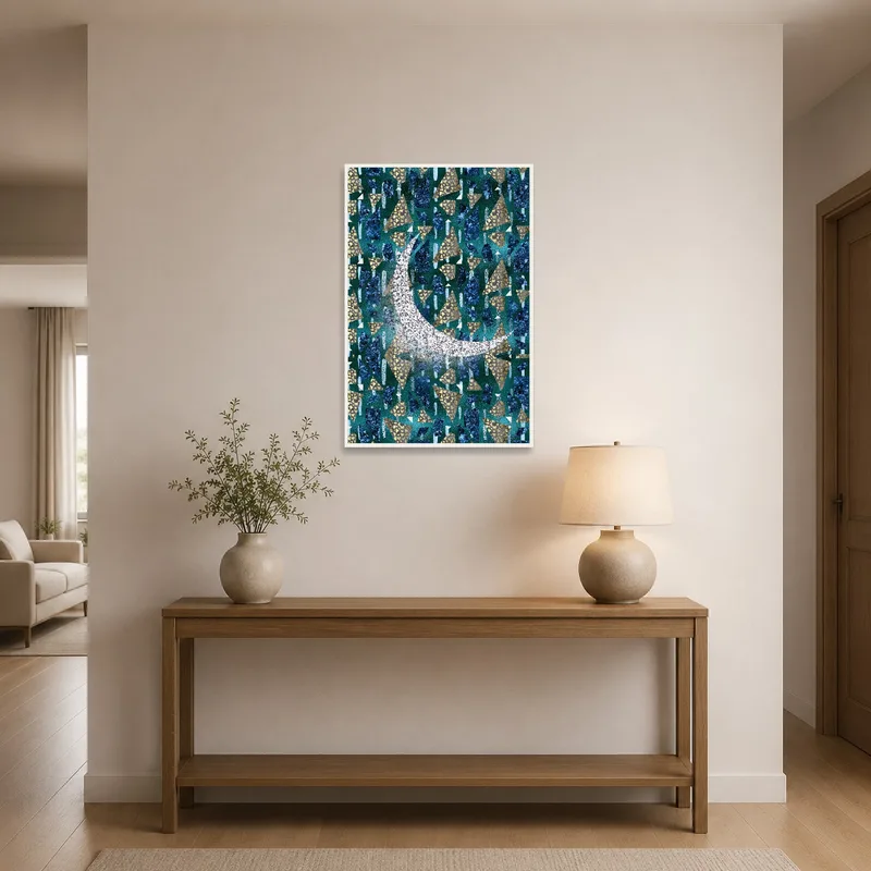 Entrance hall showcasing a geometric artwork with moonlit elements.