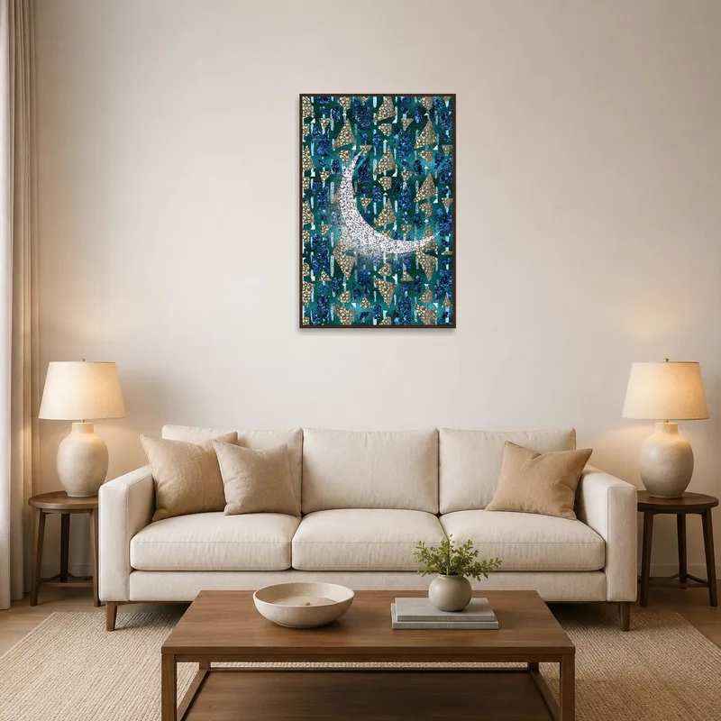 Abstract geometric moonlit design on a living room wall above a modern sofa.