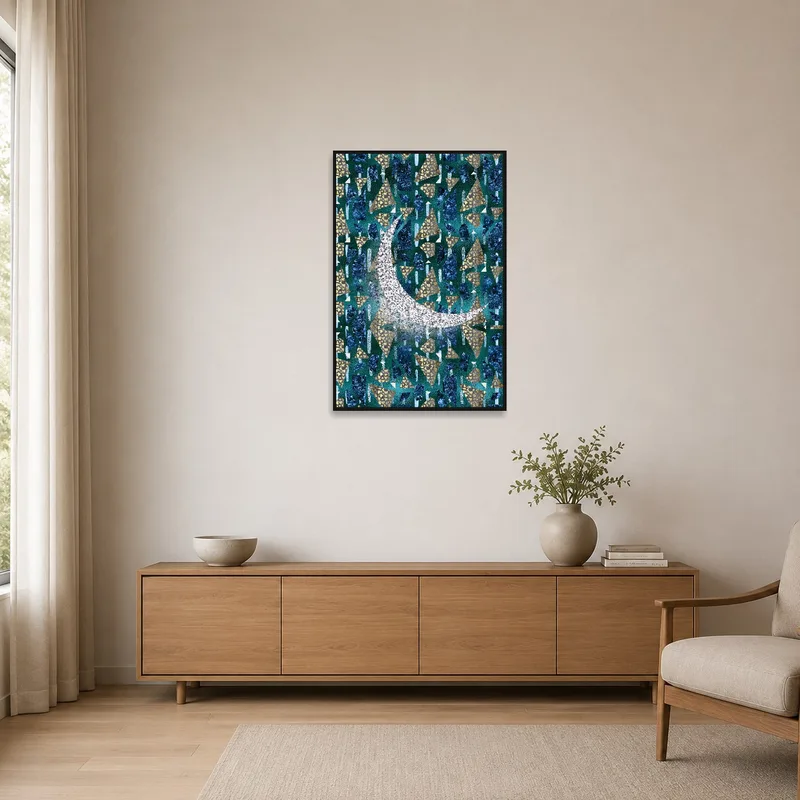 Minimalist room featuring abstract geometric art with a moonlit theme.