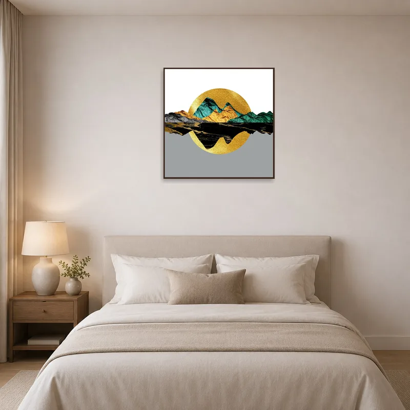 Tranquil geometric mountain landscape art in a serene bedroom.