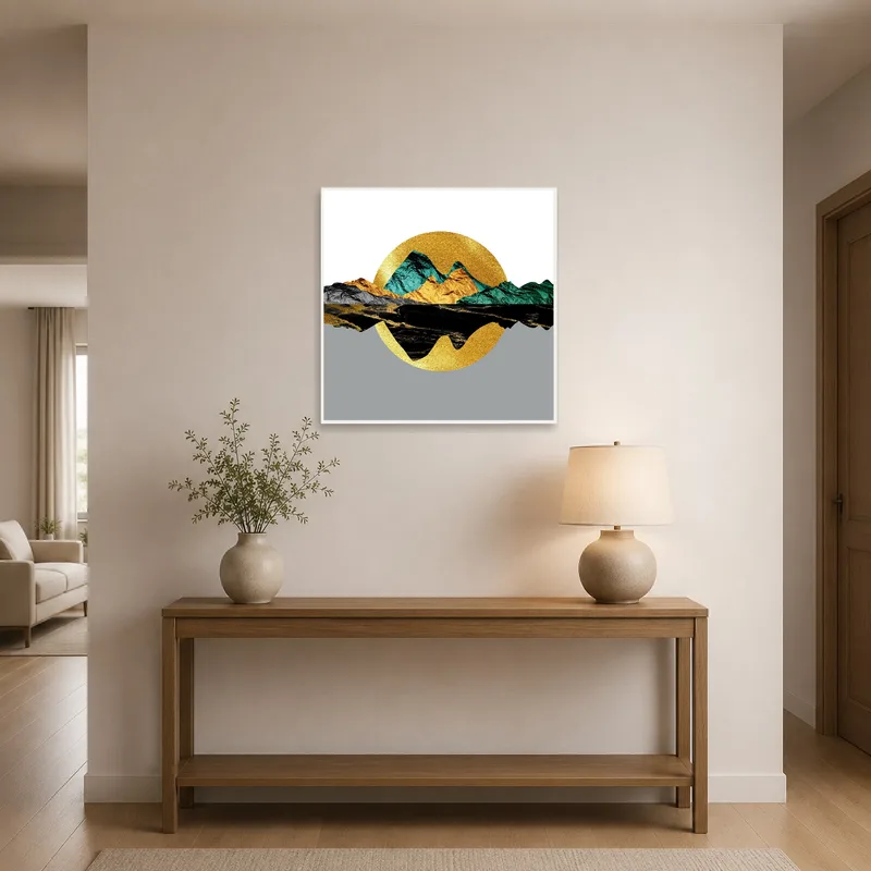 Geometric mountain landscape hanging in a welcoming entrance hall.