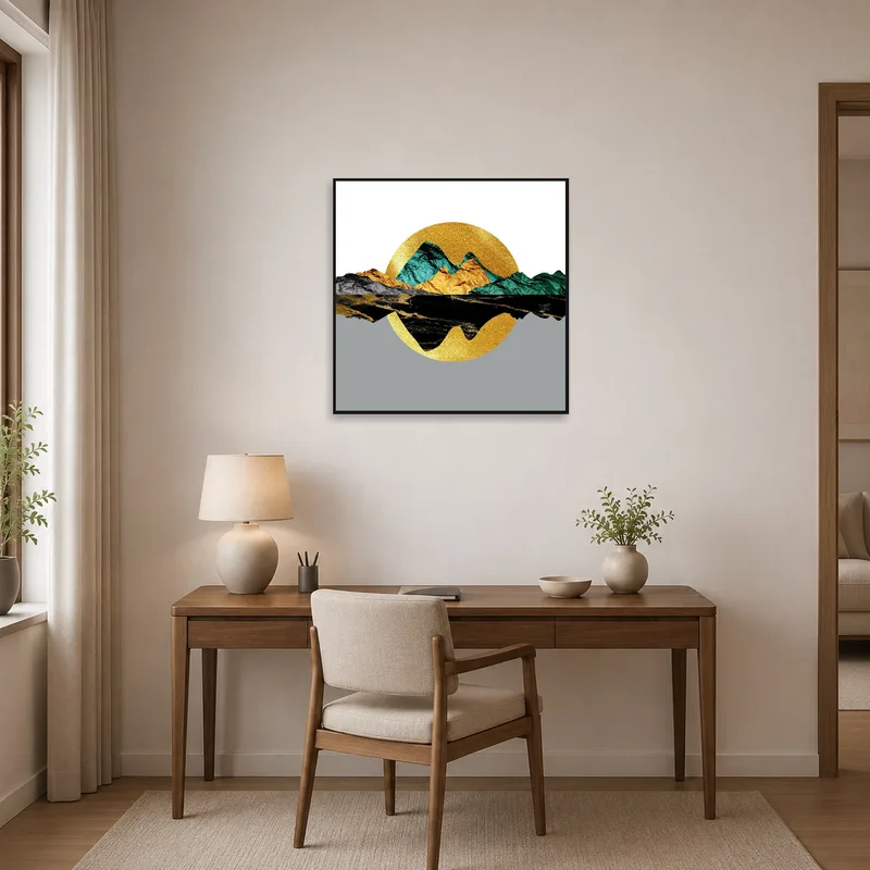Modern geometric mountain art adding flair to a productive home office.