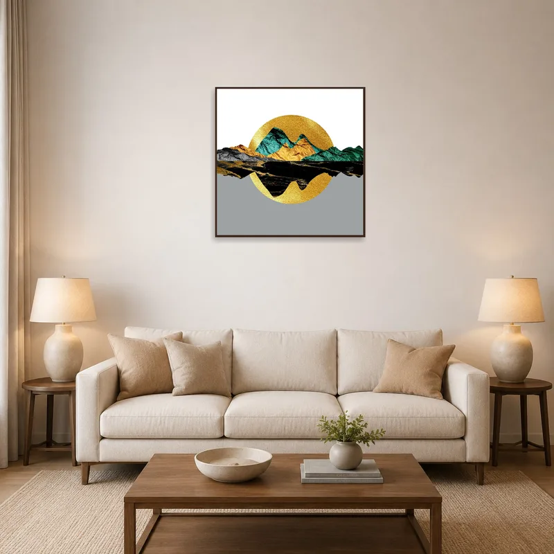 Abstract geometric mountain art above a modern sofa in a stylish living room.