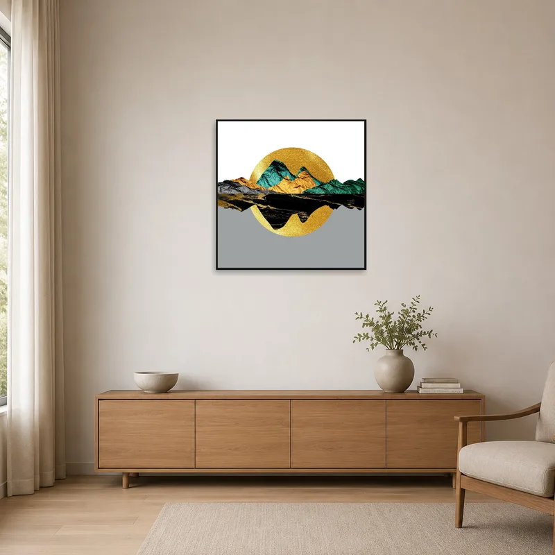 Sleek geometric mountain artwork in a stark, minimalist space.