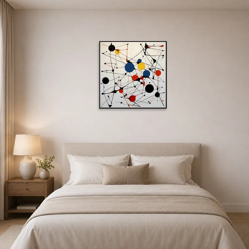 Sophisticated geometric art creates focal point in serene bedroom.