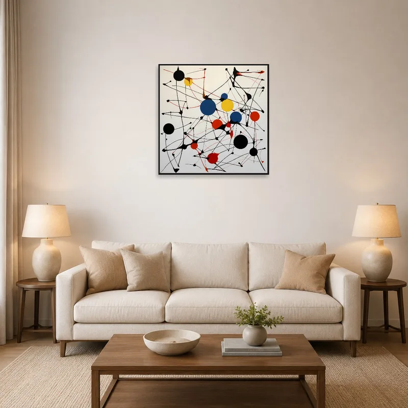 Abstract geometric art on wall above modern sofa in living room.