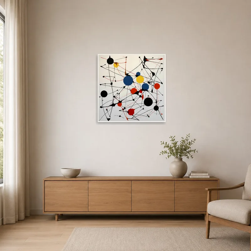 Clean lines of abstract geometric art enhance minimalist room aesthetic.