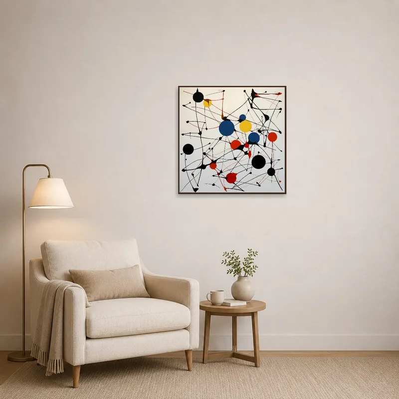 Geometric network art adds intrigue to cozy reading corner.