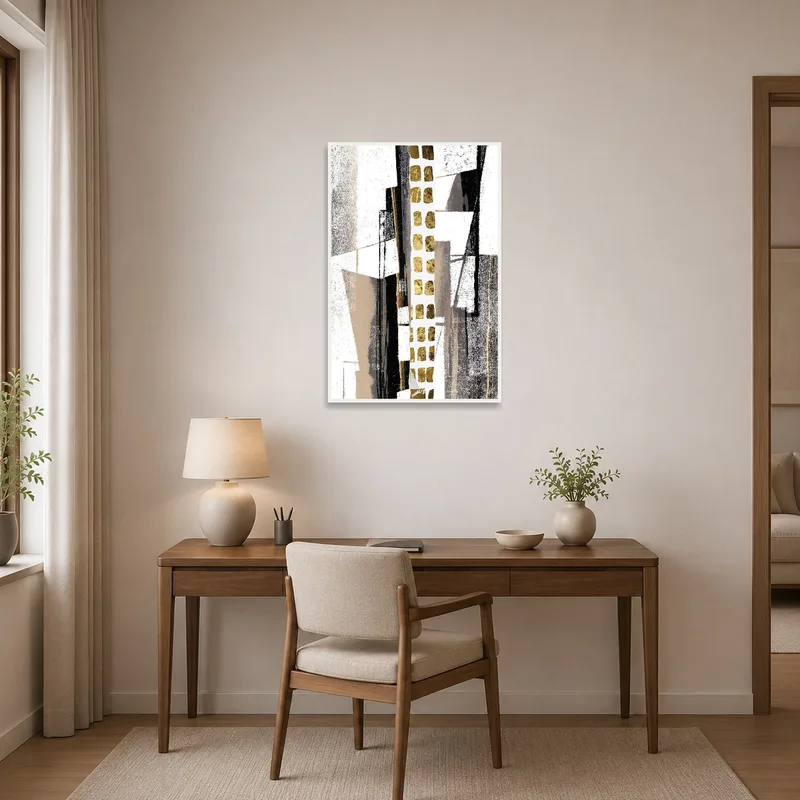 Geometric print with gold details on the wall of a tidy home office.
