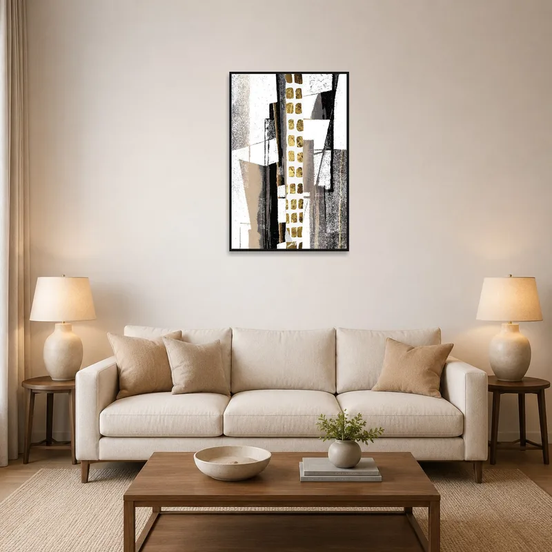 Abstract geometric print with gold accents above a modern living room sofa.