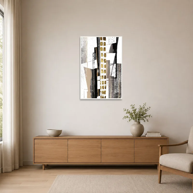 Geometric print with gold accents in a minimalist room with neutral tones.