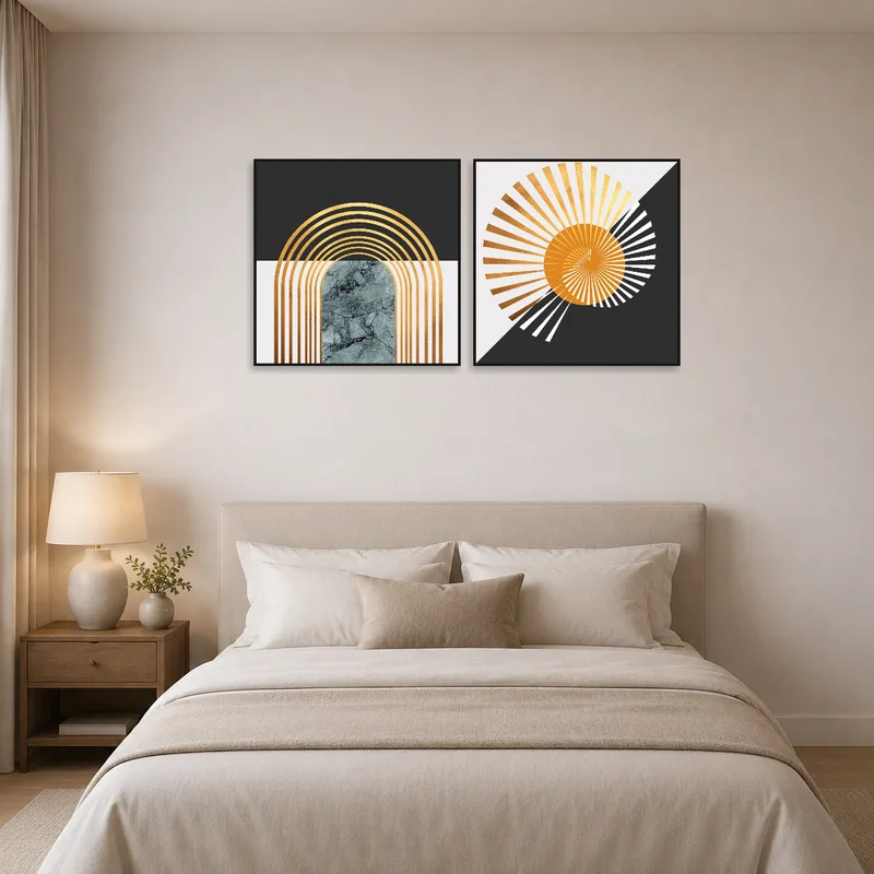 Bedroom showcasing abstract geometric set highlighted by gold details.