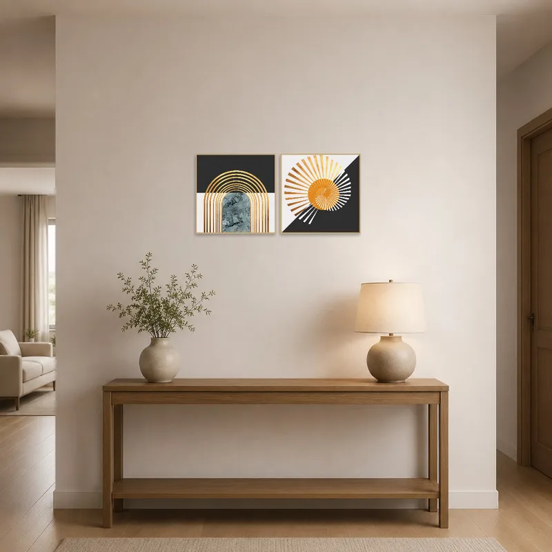 Entrance hall displaying abstract geometric set with touches of gold.