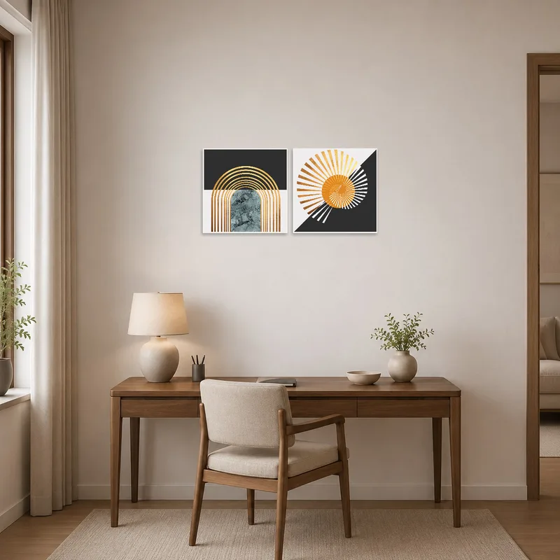 Home office featuring abstract geometric set with elegant gold accents.
