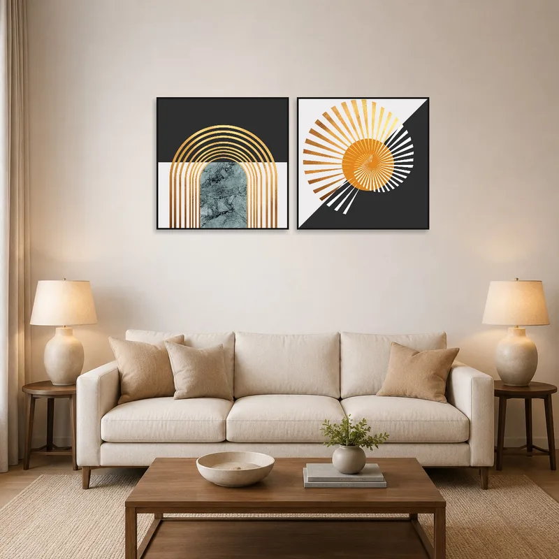 Abstract geometric set with gold accents in a stylish living room setting.