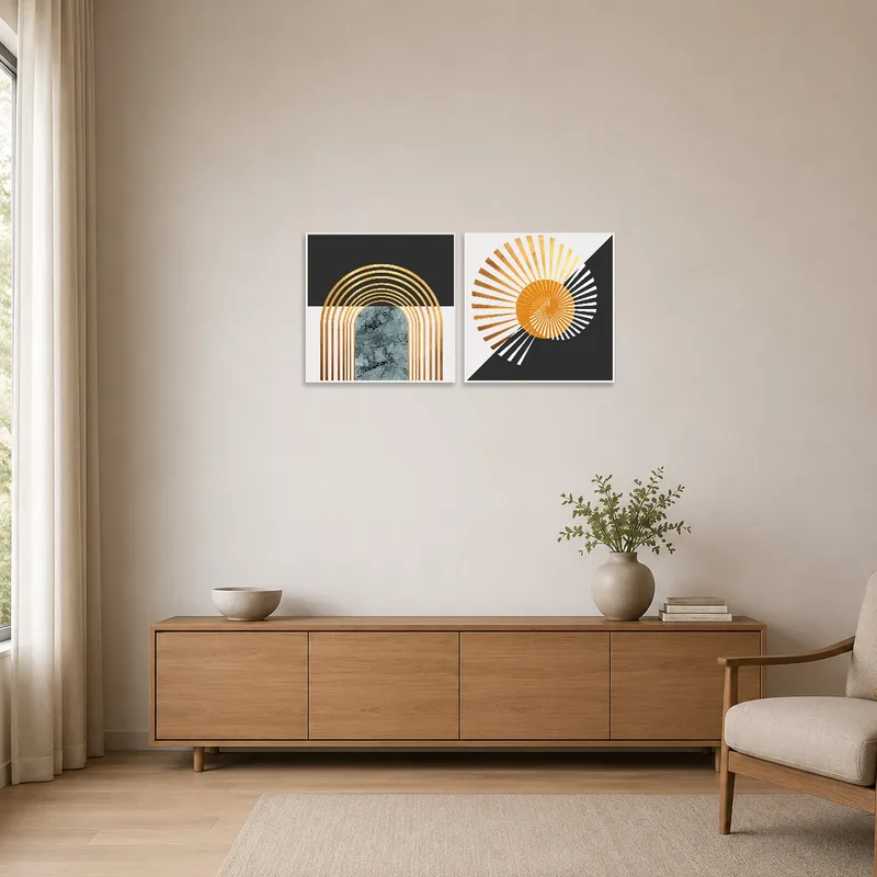Minimalist room with abstract geometric art featuring gold accents.