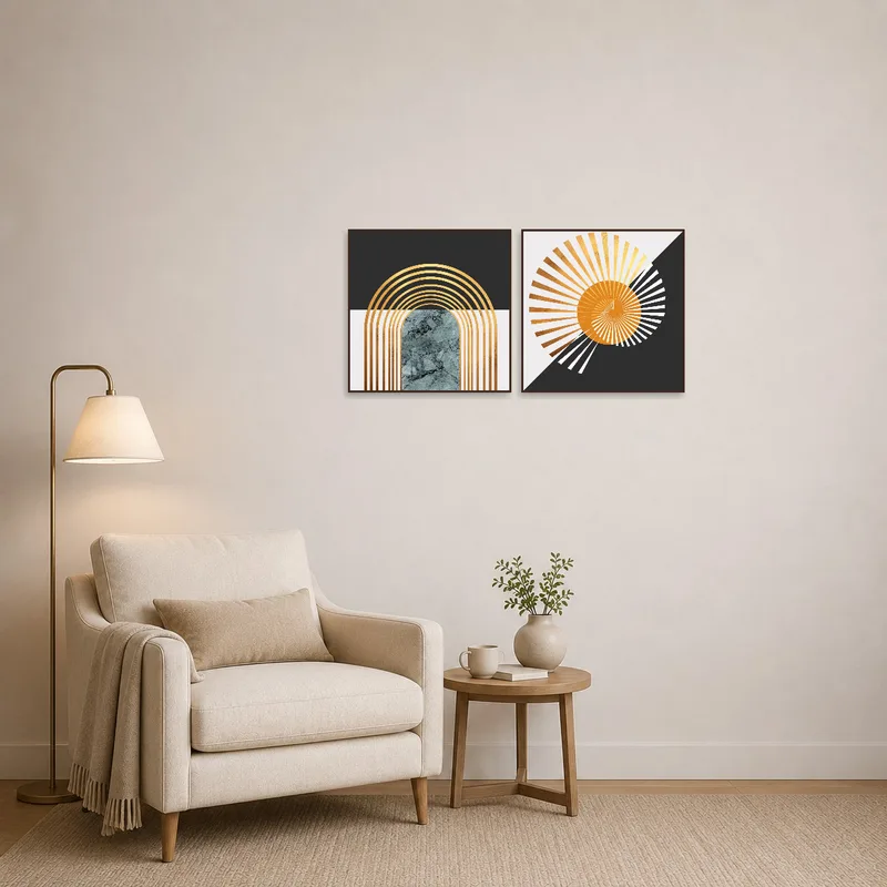 Reading corner adorned with abstract geometric artwork and gold accents.