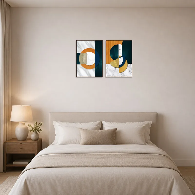 Bedroom decor enhanced by abstract geometric art with elegant marble patterns.