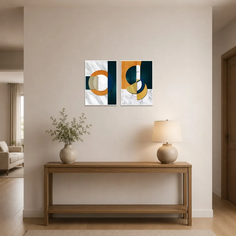 Abstract geometric artwork with marble texture enhancing a stylish entrance hall.