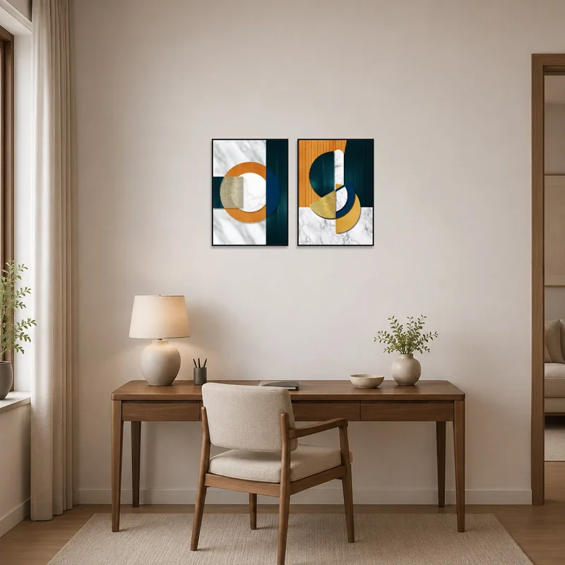 Home office adorned with abstract geometric wall art featuring marble textures.