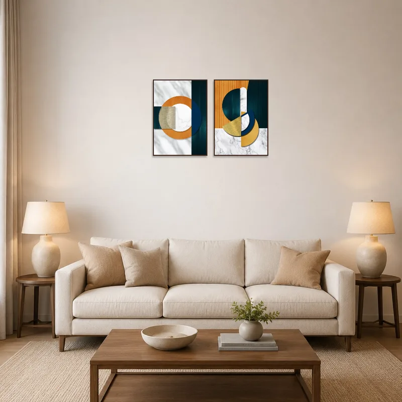 Abstract geometric wall art with marble texture in a modern living room setting.