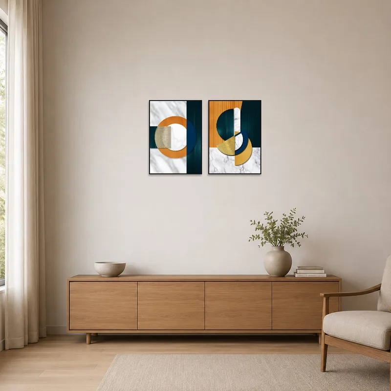 Minimalist room showcasing abstract geometric artwork with marble details.