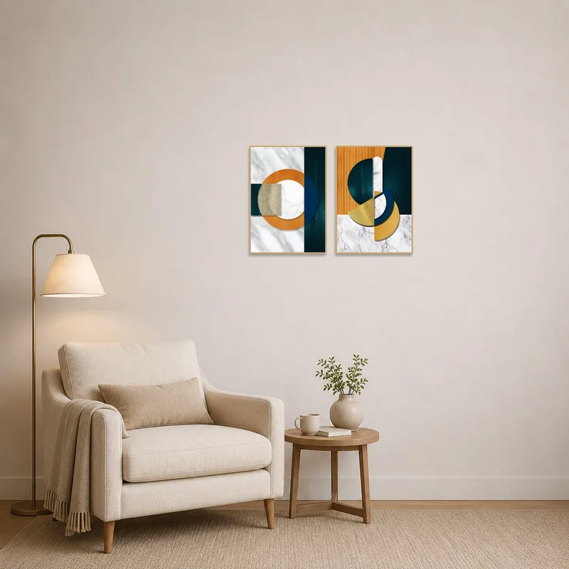 Reading corner featuring abstract geometric wall art with subtle marble texture.