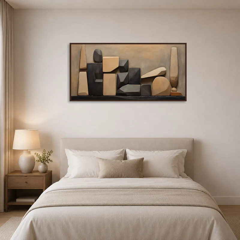 Earthy geometric shapes add warmth to a bedroom's calm atmosphere.
