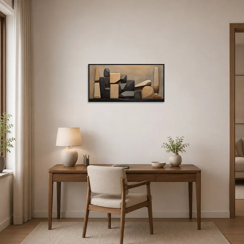 Geometric shapes in earthy tones hanging in a stylish, modern home office.