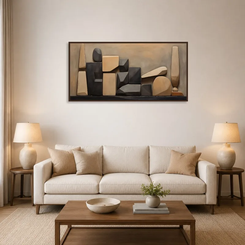 Abstract geometric art with earthy tones on a living room wall above a sofa.