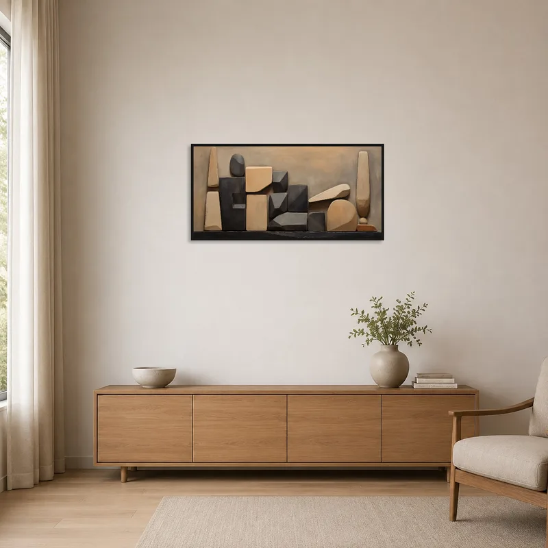 Simple geometric shapes in earthy hues complementing a minimalist room.