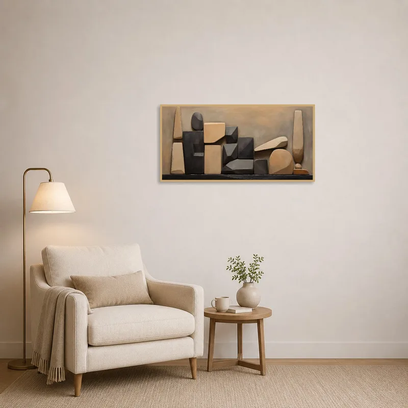 Reading corner accented by abstract geometric artwork in calming earth tones.
