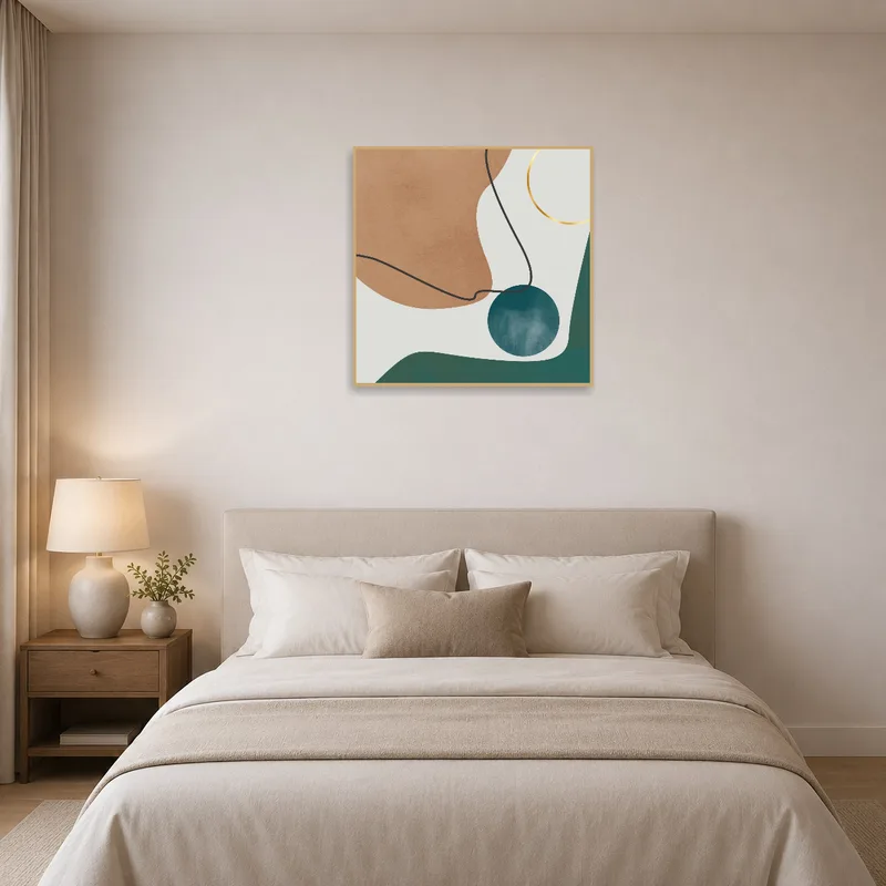 Bedroom scene with abstract geometric wall art in calming earth tones.