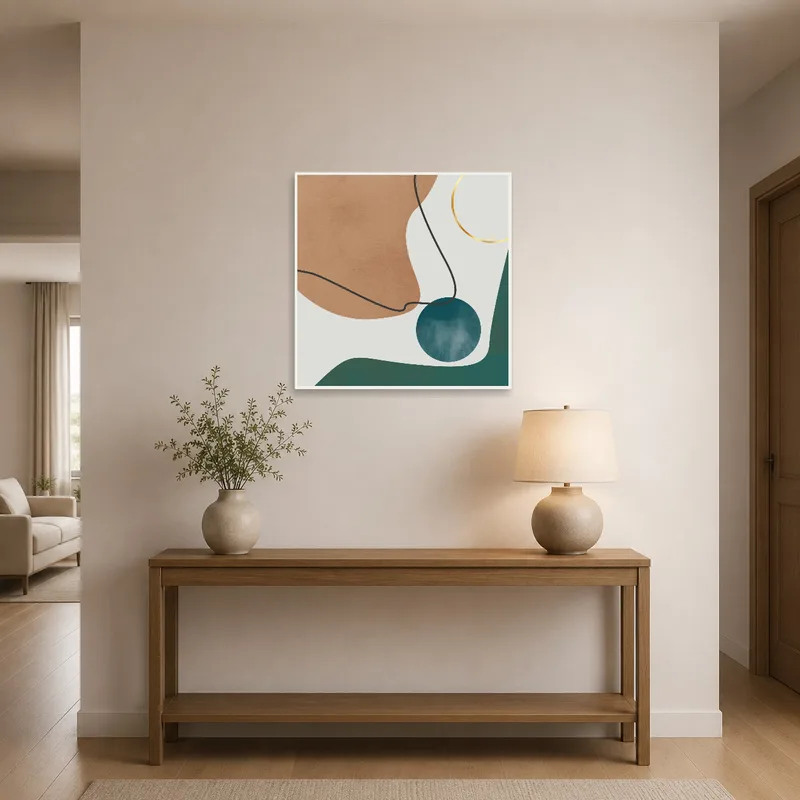 Earth-tone art featuring geometric shapes in an entrance hall setting.