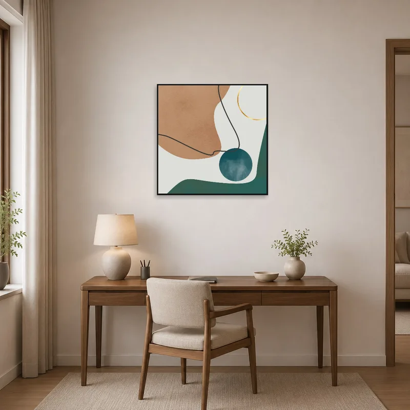 Geometric shapes art on the wall adds a touch of creativity to a home office space.
