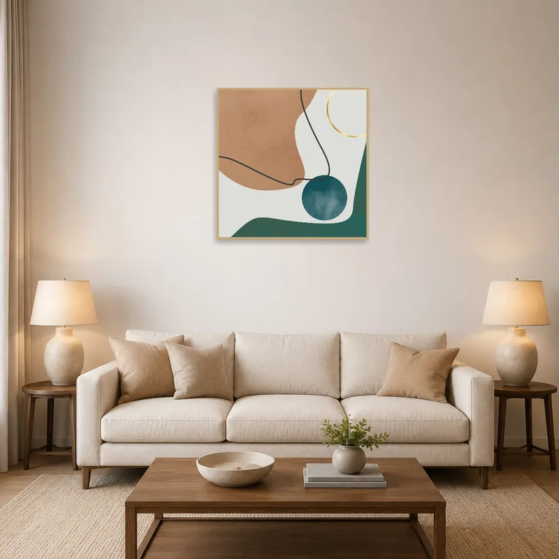 Abstract geometric shapes artwork on a living room wall with earth-toned decor.