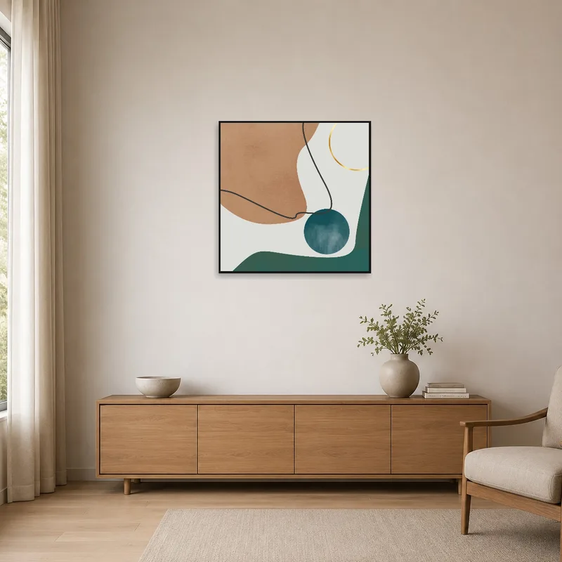 Artwork with geometric shapes hangs in a minimalist room, complementing the simple design.