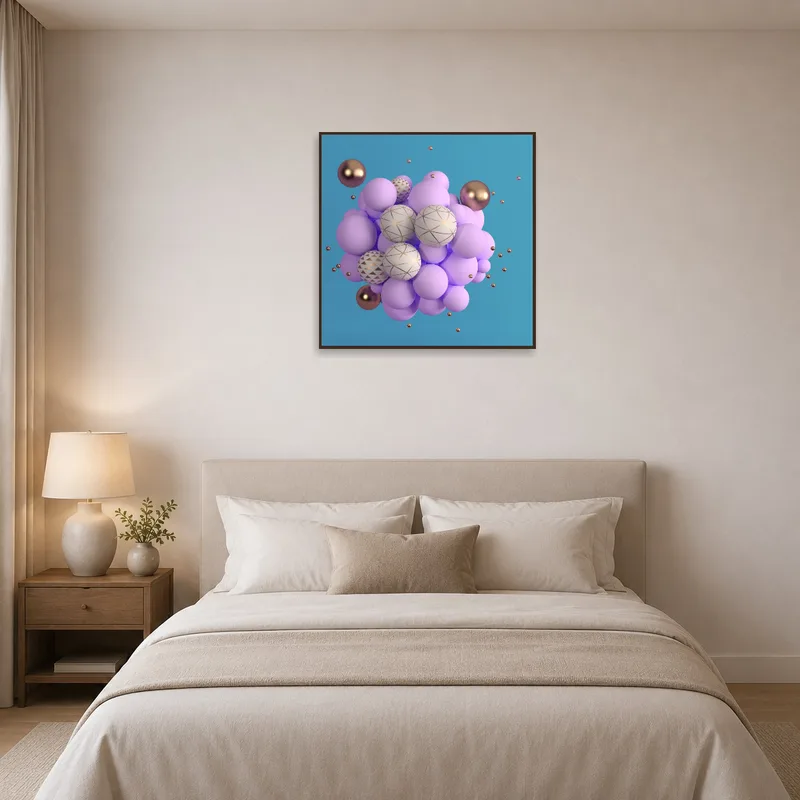 Abstract sphere print enhancing the ambiance of a serene bedroom.