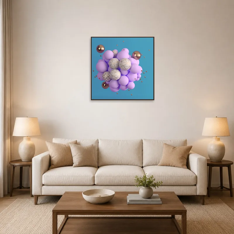 Geometric sphere cluster art piece above a modern sofa in a living room.