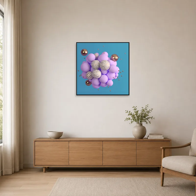 Abstract sphere cluster art displayed on a minimalist white wall.