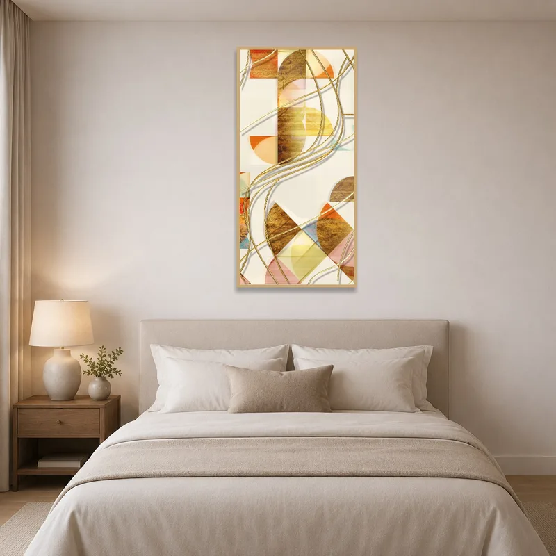 Abstract swirl design complements serene bedroom decor.
