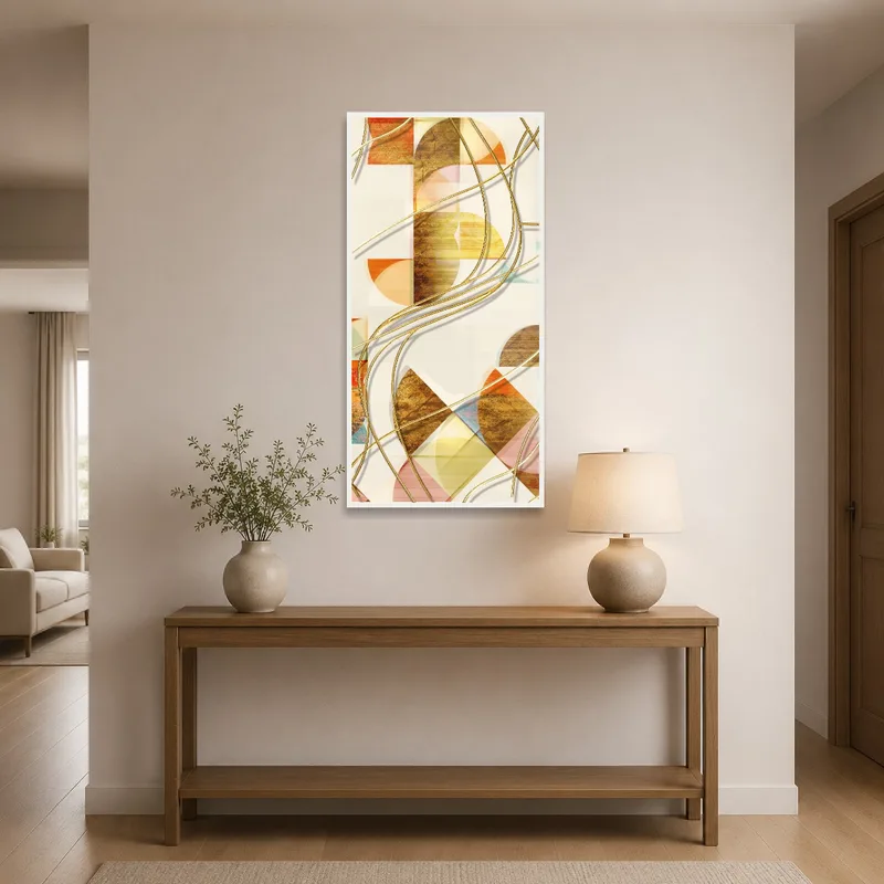 Abstract geometric swirl artwork welcomes in a contemporary entrance hall.